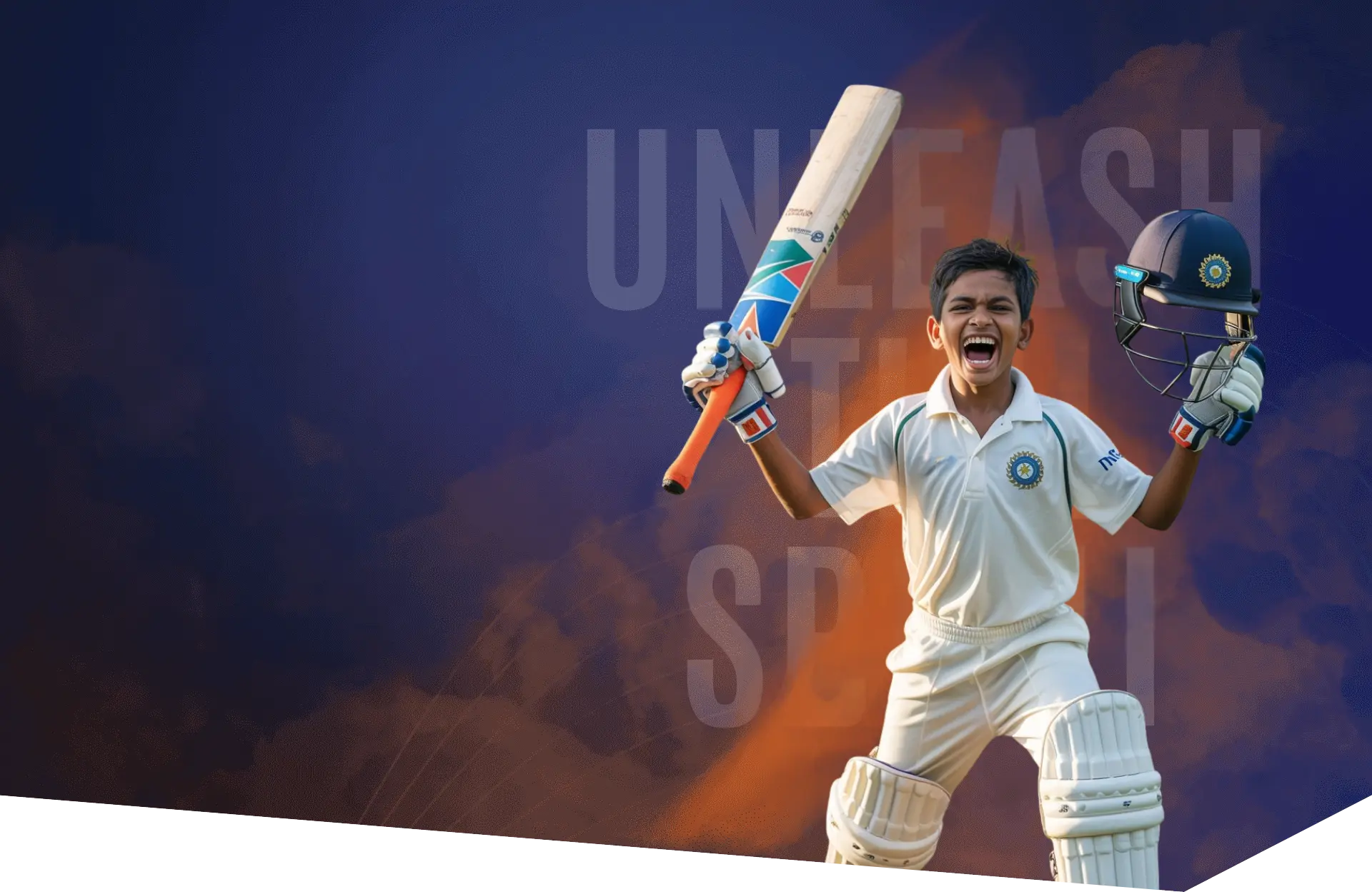 Young boy celebrating victory with raised hands and cricket bat, symbolizing success through sports training at Sporbit